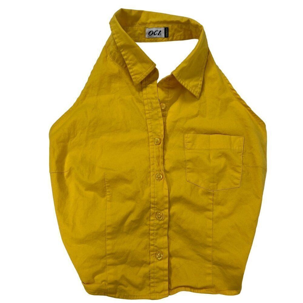 Vintage Y2K Yellow Casual Preppy Sleeveless Collared Summer Halter Crop Top / M - Picture 5 of 8
